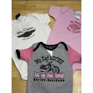 Harley-Davidson Romper Lot Girls 9-12 Months Pink Motorcycle Bodysuit 3 Piece